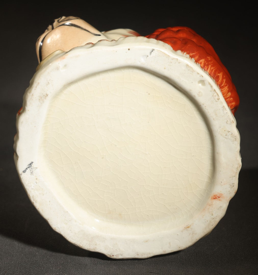 Vintage Staffordshire-Style Spaniel Double-Sided Dog Head Figural Ceramic Tobacco or Biscuit Jar, Red and White with Collar and Medallion, Lid Missing