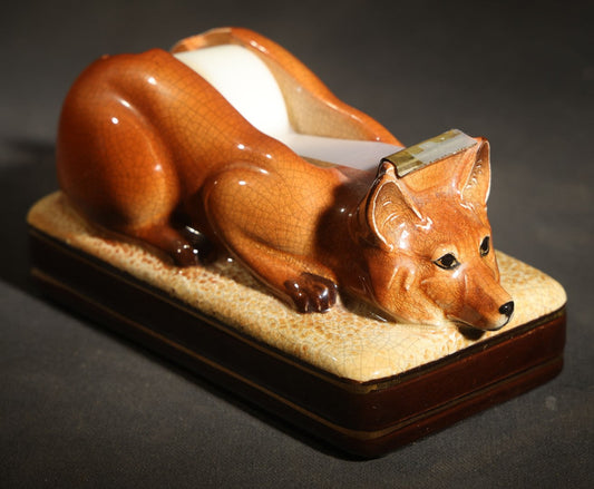 Vintage Ceramic Recumbent Fox Figural Tape Dispenser, Manufactured by Takahashi, San Francisco, Made in Japan