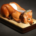 Lot 033 - Vintage Ceramic Recumbent Fox Figural Tape Dispenser, Manufactured by Takahashi, San Francisco, Made in Japan, 6" L