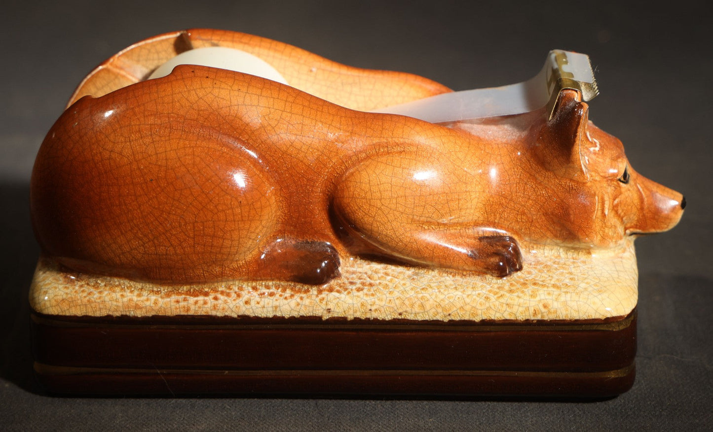Vintage Ceramic Recumbent Fox Figural Tape Dispenser, Manufactured by Takahashi, San Francisco, Made in Japan