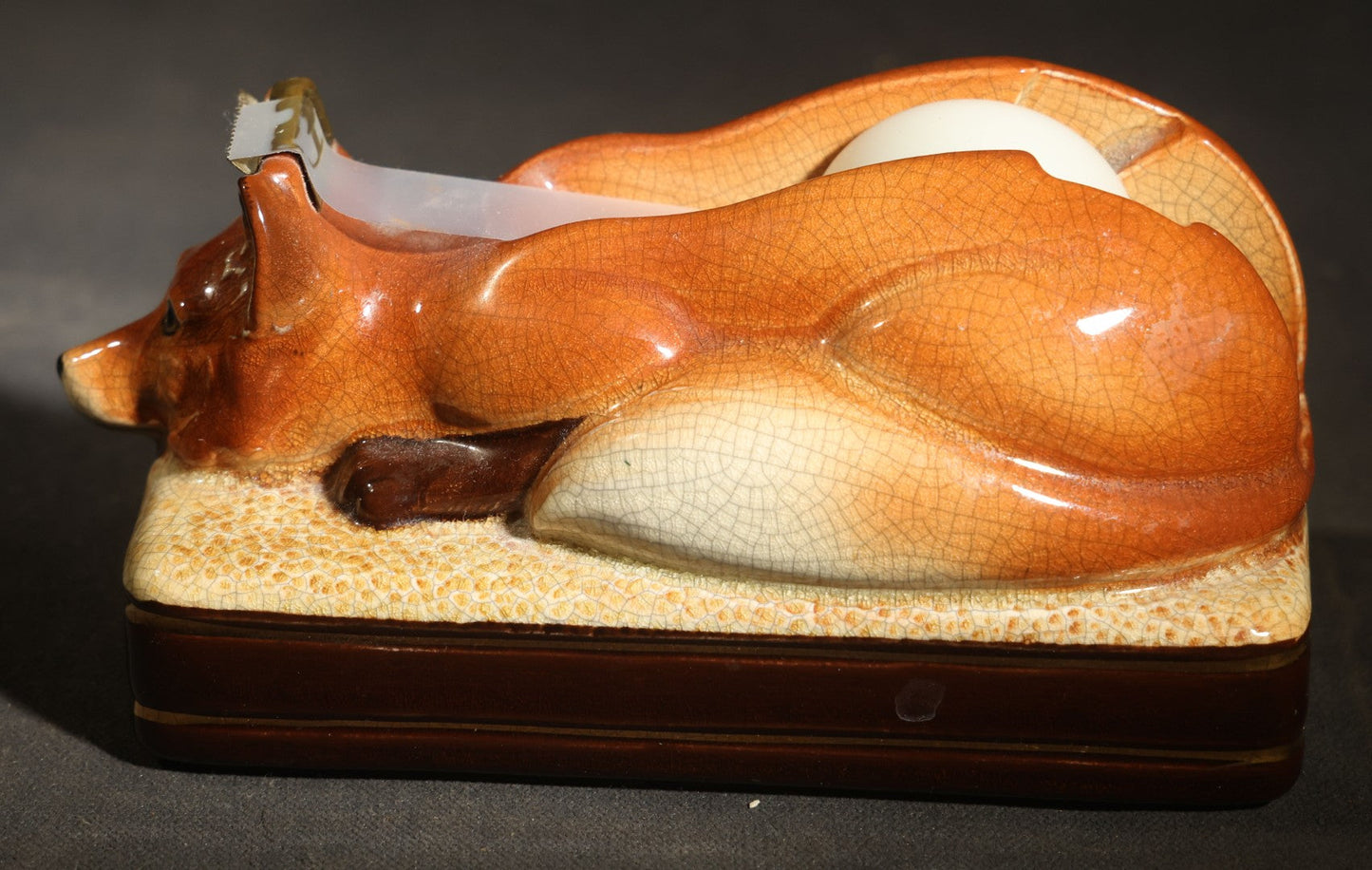 Vintage Ceramic Recumbent Fox Figural Tape Dispenser, Manufactured by Takahashi, San Francisco, Made in Japan