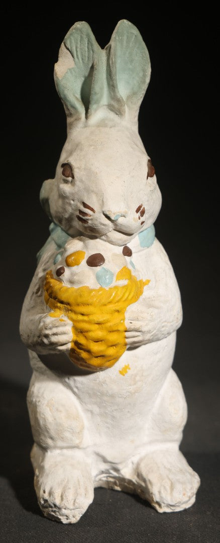 Vintage Chalkware Easter Bunny Figure Holding Egg Basket, Polychrome Paint, Note Chipped Ear