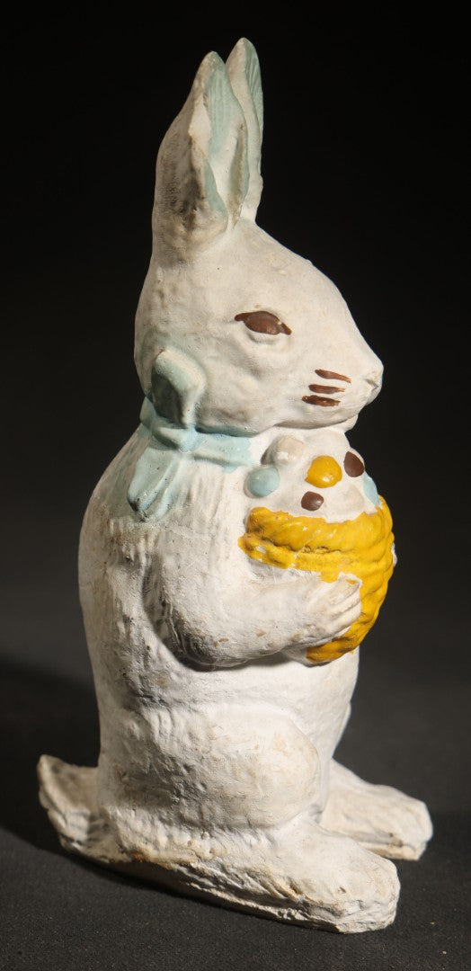 Vintage Chalkware Easter Bunny Figure Holding Egg Basket, Polychrome Paint, Note Chipped Ear