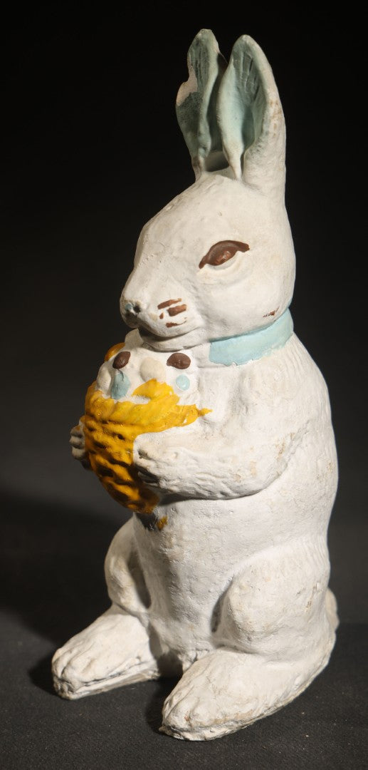 Vintage Chalkware Easter Bunny Figure Holding Egg Basket, Polychrome Paint, Note Chipped Ear