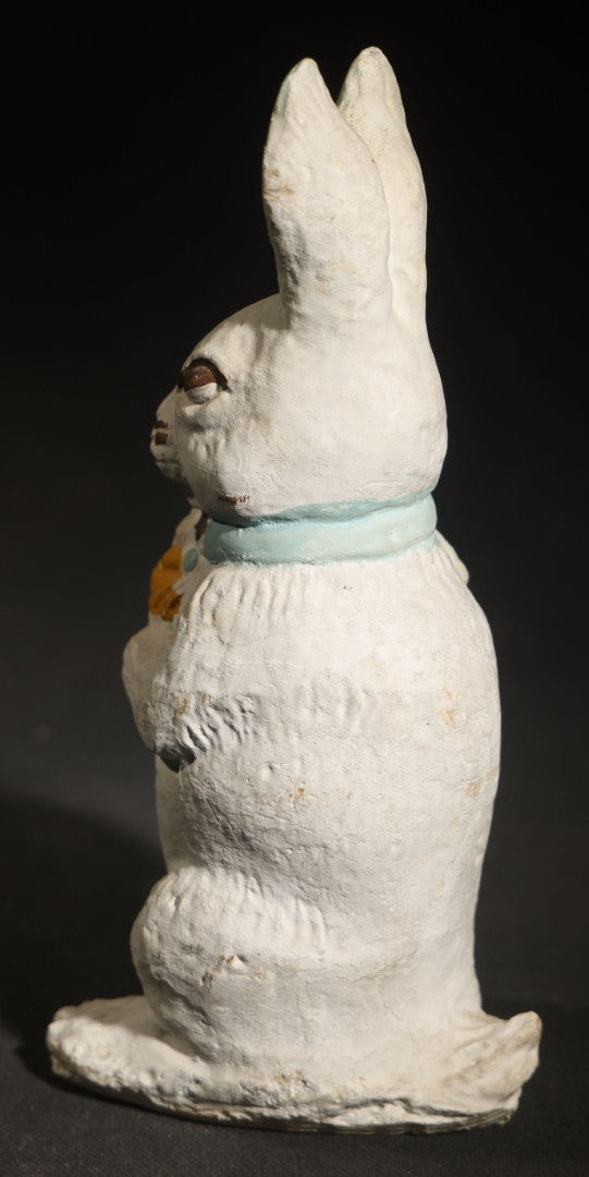 Vintage Chalkware Easter Bunny Figure Holding Egg Basket, Polychrome Paint, Note Chipped Ear