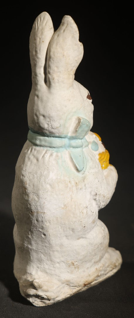 Vintage Chalkware Easter Bunny Figure Holding Egg Basket, Polychrome Paint, Note Chipped Ear