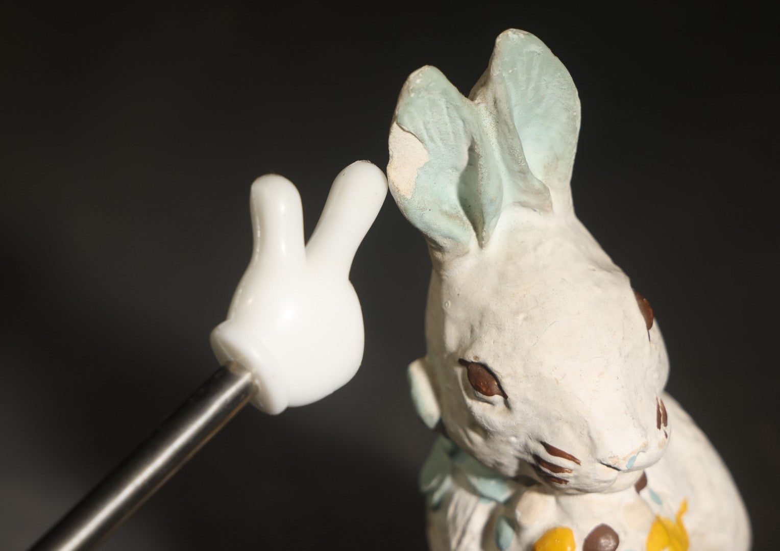 Vintage Chalkware Easter Bunny Figure Holding Egg Basket, Polychrome Paint, Note Chipped Ear