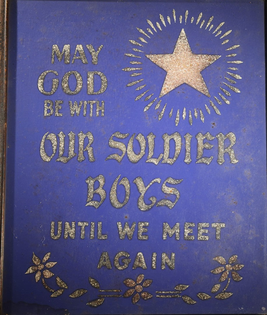 Antique WWI Era Patriotic Glitter-On-Paper Motto, "May God Be with Our Soldier Boys Until We Meet Again," Framed, Gold Star Motif