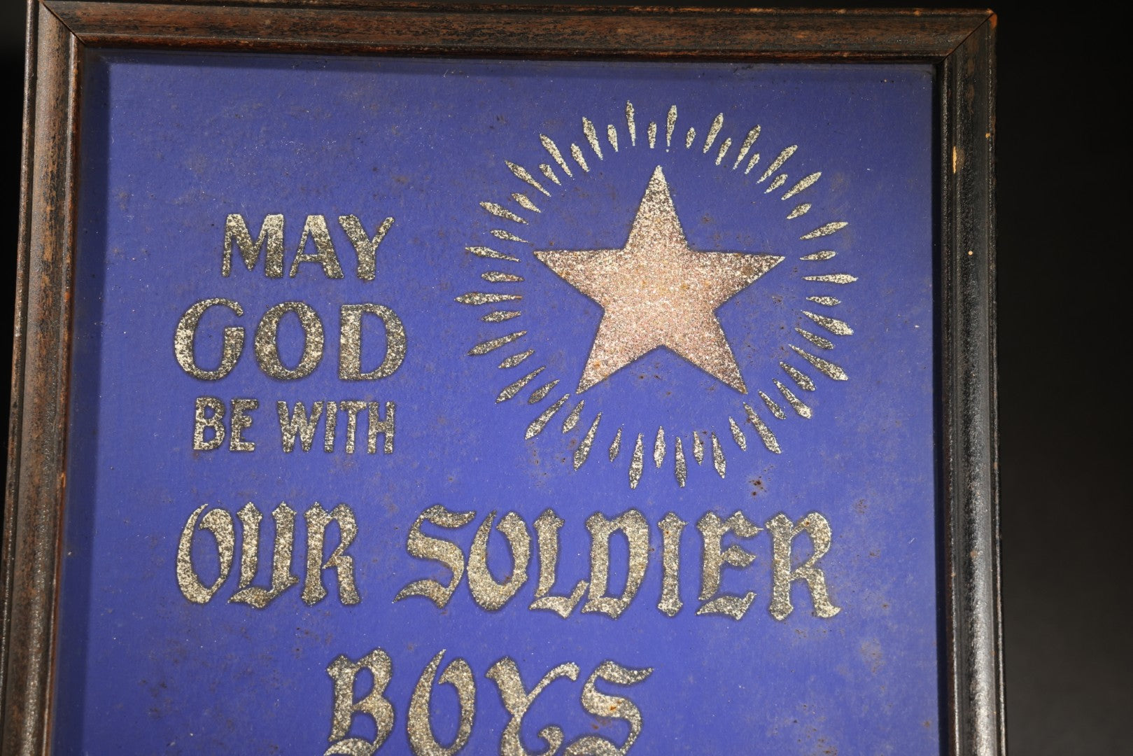 Antique WWI Era Patriotic Glitter-On-Paper Motto, "May God Be with Our Soldier Boys Until We Meet Again," Framed, Gold Star Motif