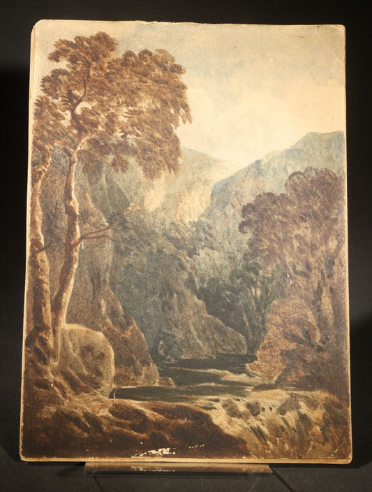 Antique Watercolor Painting on Board, Rocky Gorge Landscape with Trees and Stream