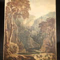 Lot 042 - Antique Watercolor Painting on Board, Rocky Gorge Landscape with Trees and Stream, 7-1/4" W x 9-7/8" H