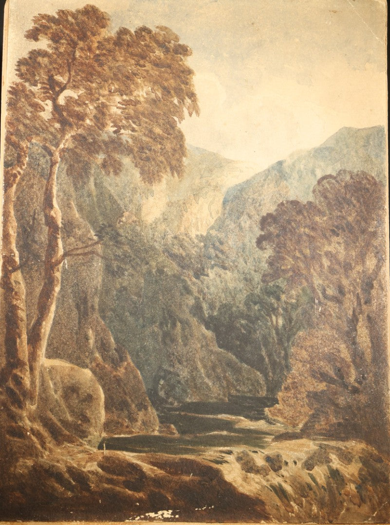 Antique Watercolor Painting on Board, Rocky Gorge Landscape with Trees and Stream