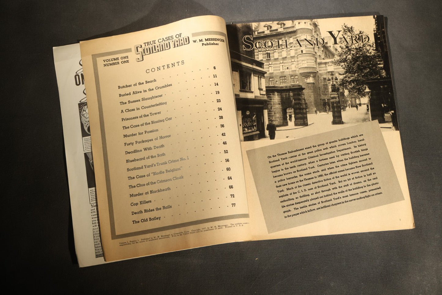 "True Cases of Scotland Yard" Vintage True Crime Magazine, Volume 1, Number 1, Published by W. M. Messenger, Greenwich, Connecticut, 1937