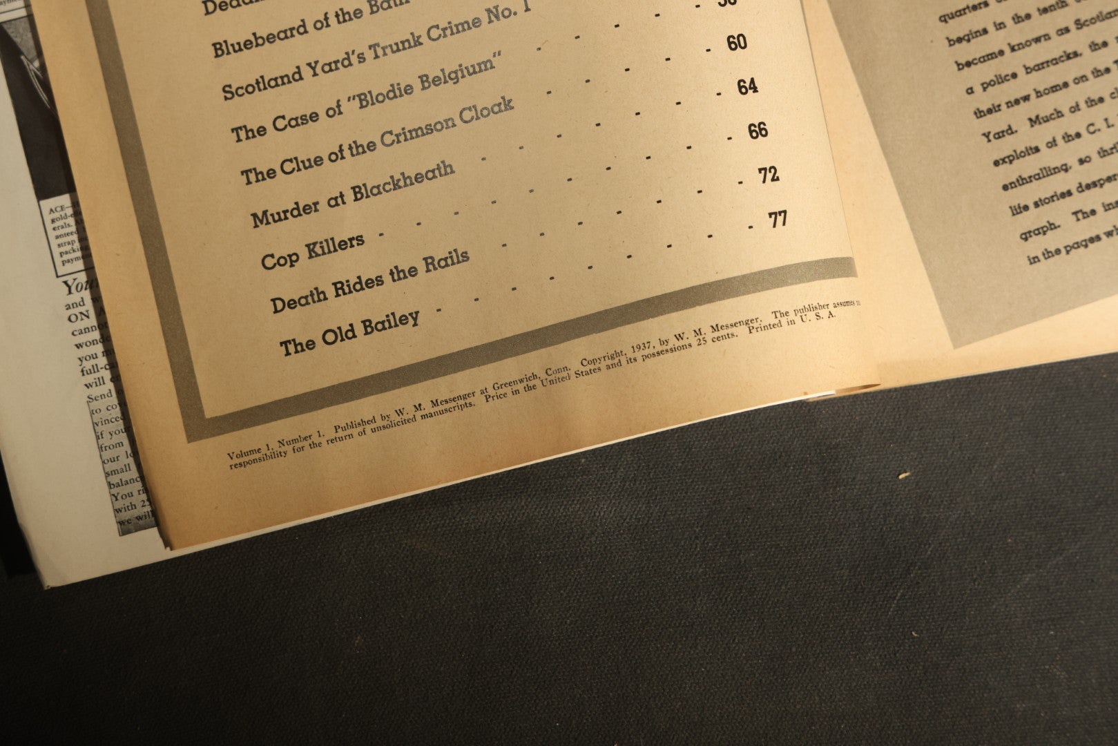 "True Cases of Scotland Yard" Vintage True Crime Magazine, Volume 1, Number 1, Published by W. M. Messenger, Greenwich, Connecticut, 1937