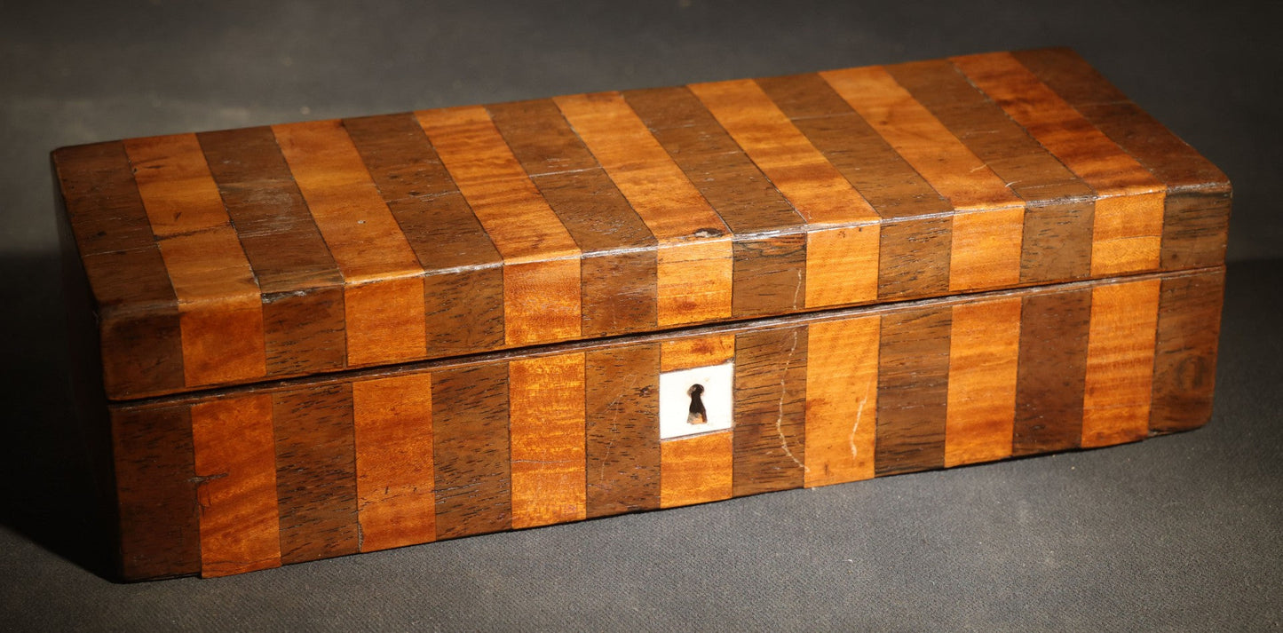 Antique Two-Tone Parquetry Wood Box with Bone Keyhole Escutcheon and Yellow Fabric Interior