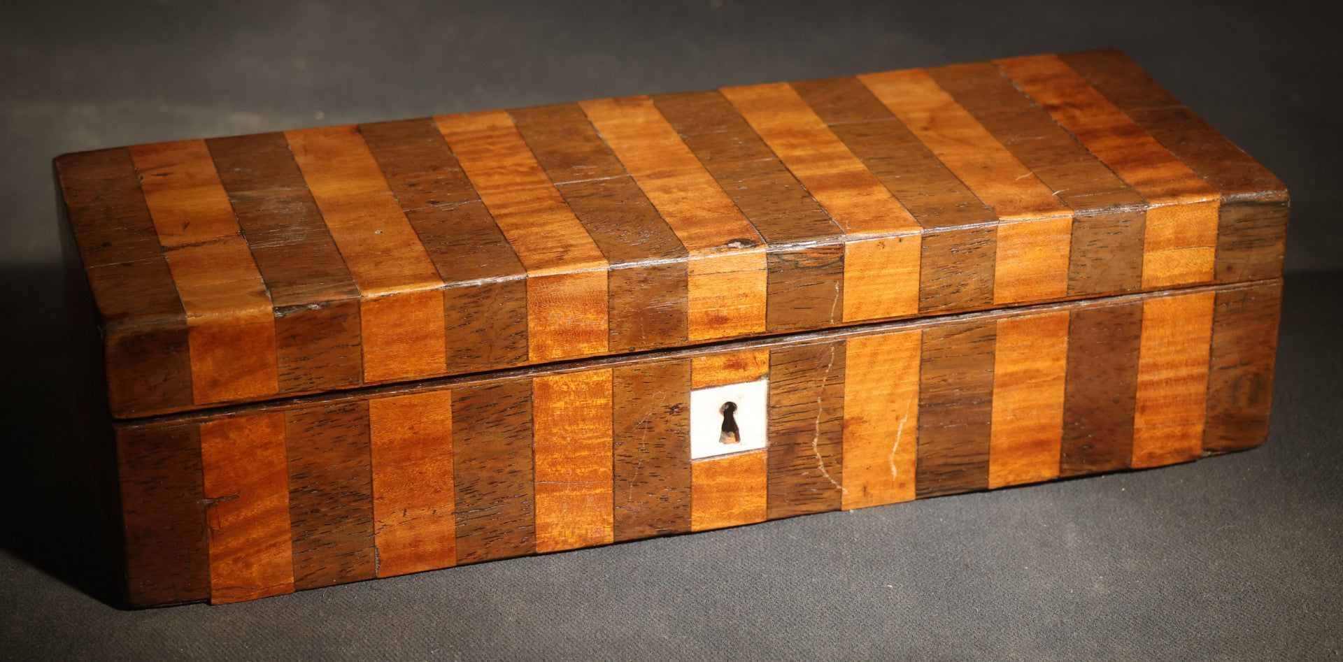 Antique Two-Tone Parquetry Wood Box with Bone Keyhole Escutcheon and Yellow Fabric Interior