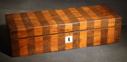 Antique Two-Tone Parquetry Wood Box with Bone Keyhole Escutcheon and Yellow Fabric Interior