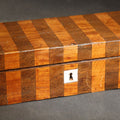 Lot 066 - Antique Two-Tone Parquetry Wood Box with Bone Keyhole Escutcheon and Yellow Fabric Interior, 9-5/8" L