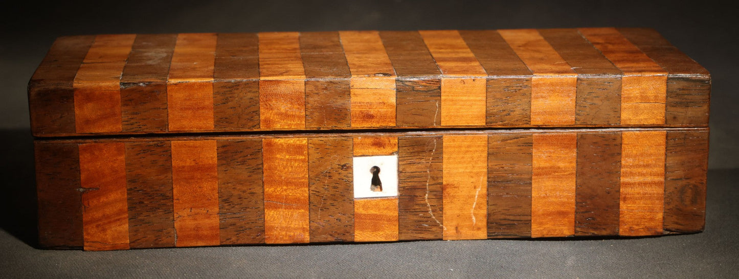 Antique Two-Tone Parquetry Wood Box with Bone Keyhole Escutcheon and Yellow Fabric Interior