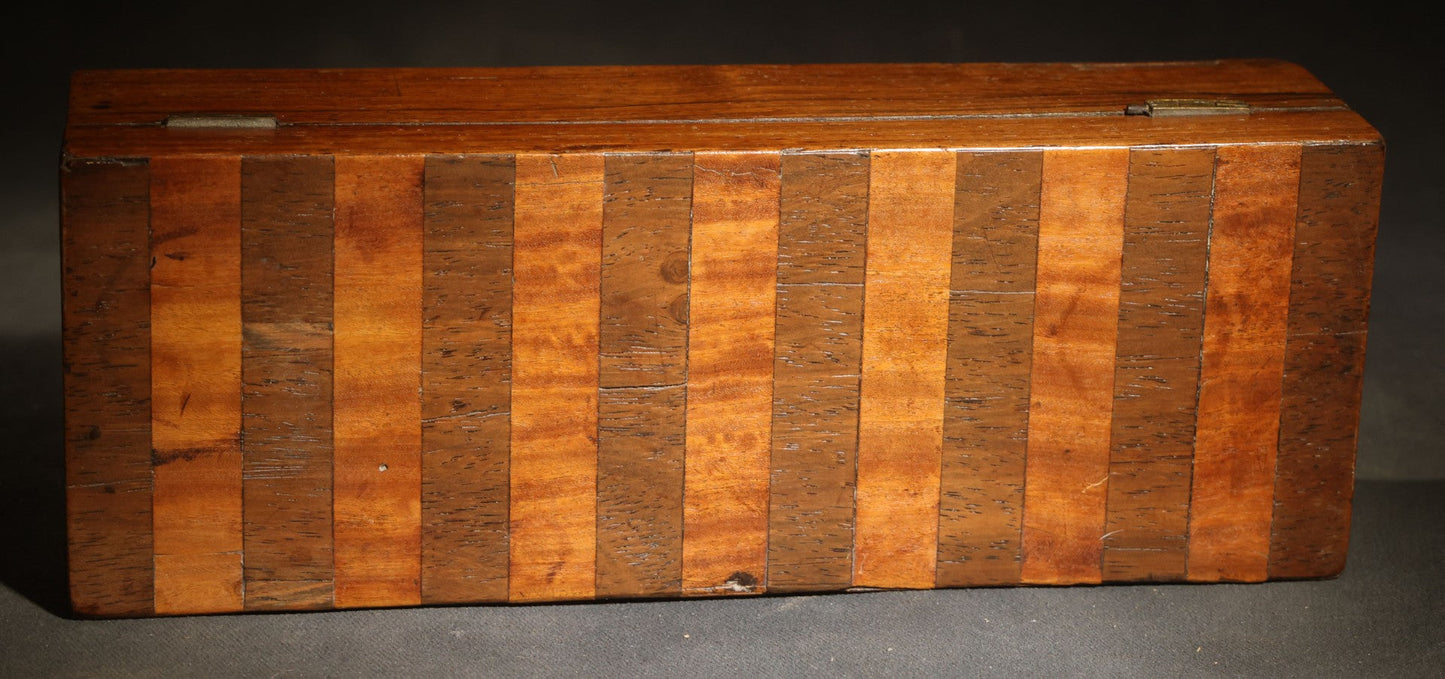 Antique Two-Tone Parquetry Wood Box with Bone Keyhole Escutcheon and Yellow Fabric Interior