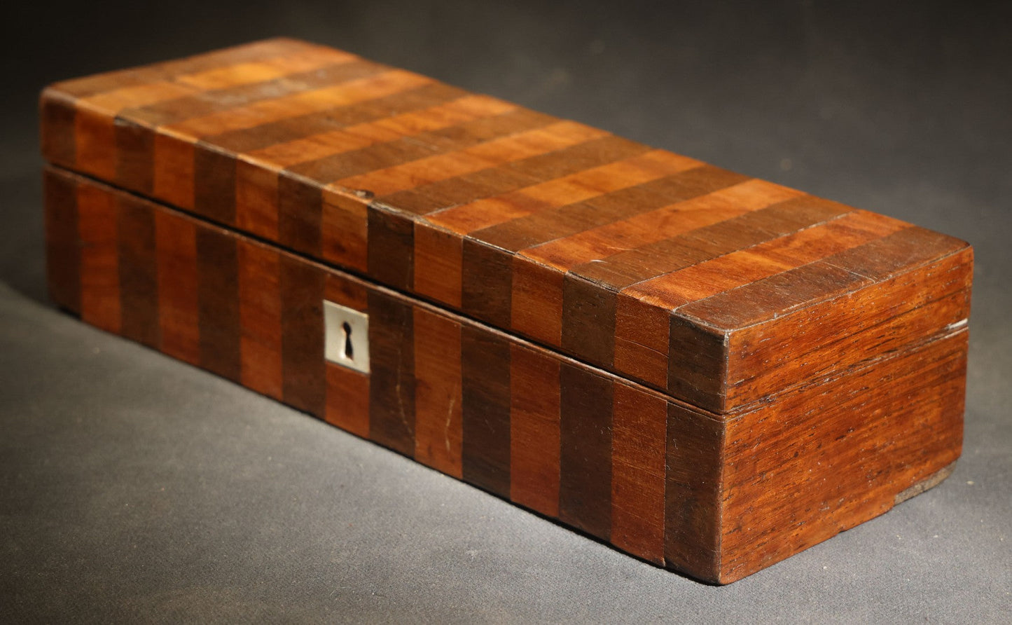 Antique Two-Tone Parquetry Wood Box with Bone Keyhole Escutcheon and Yellow Fabric Interior