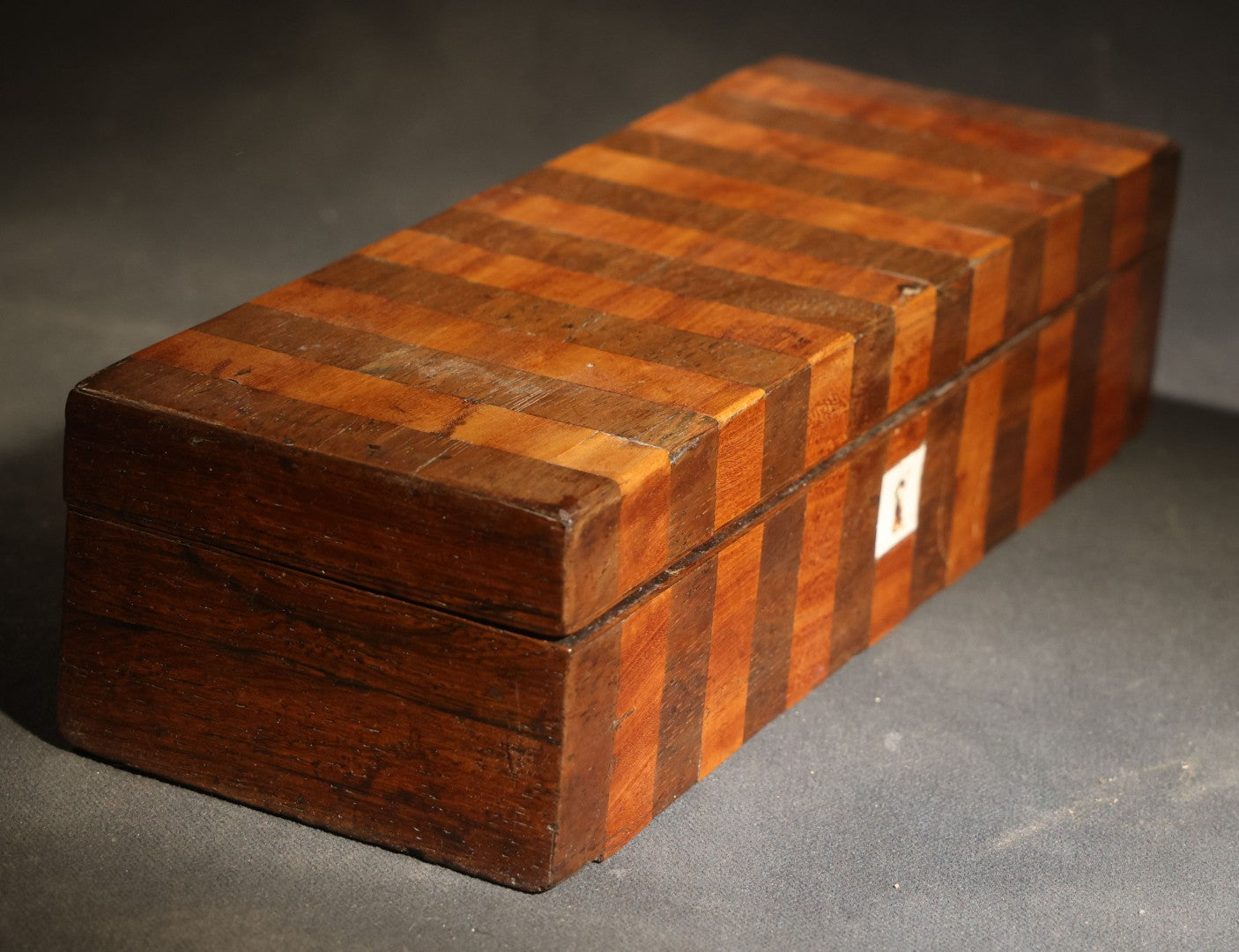 Antique Two-Tone Parquetry Wood Box with Bone Keyhole Escutcheon and Yellow Fabric Interior