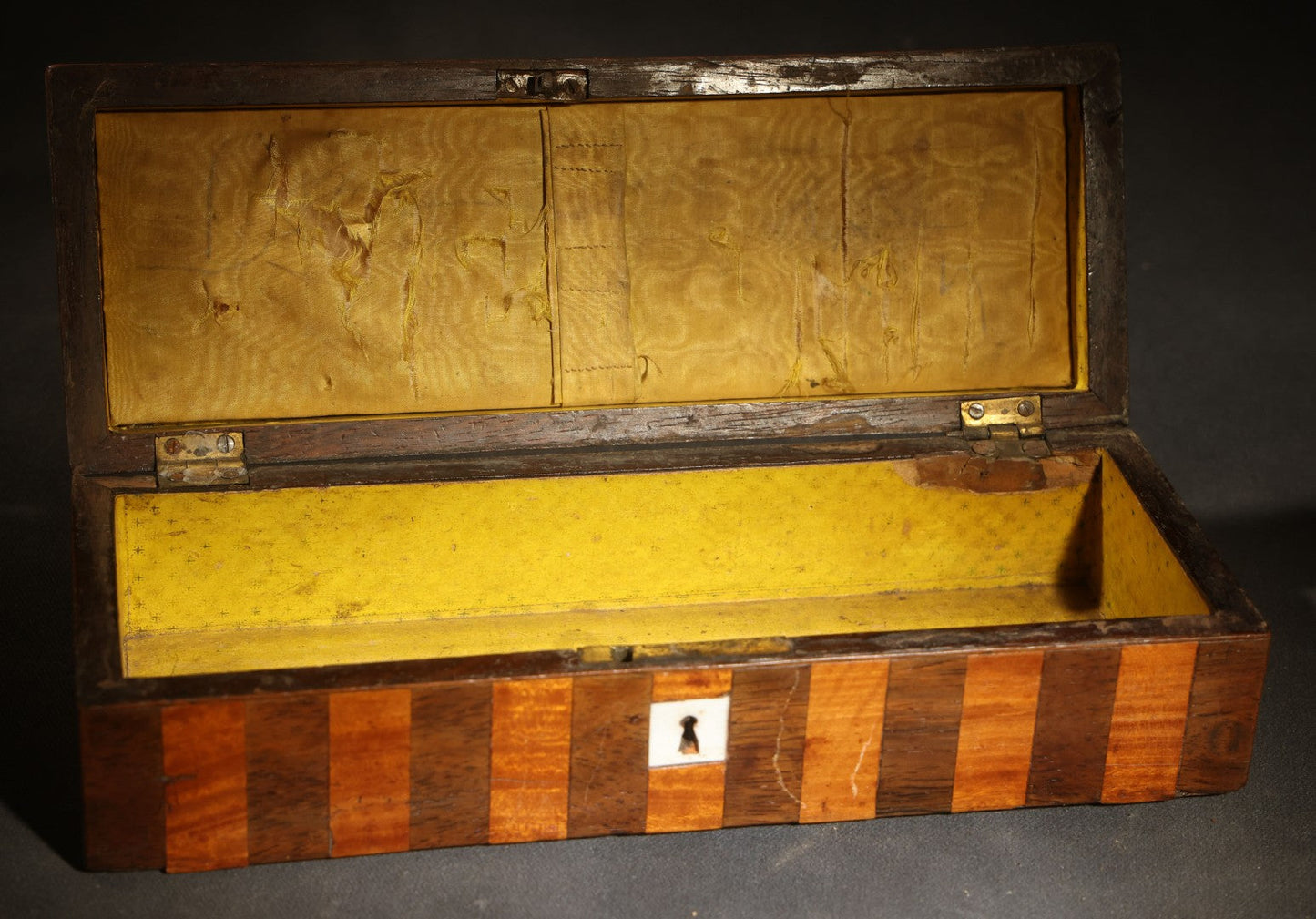 Antique Two-Tone Parquetry Wood Box with Bone Keyhole Escutcheon and Yellow Fabric Interior