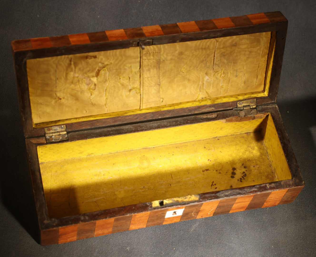 Antique Two-Tone Parquetry Wood Box with Bone Keyhole Escutcheon and Yellow Fabric Interior