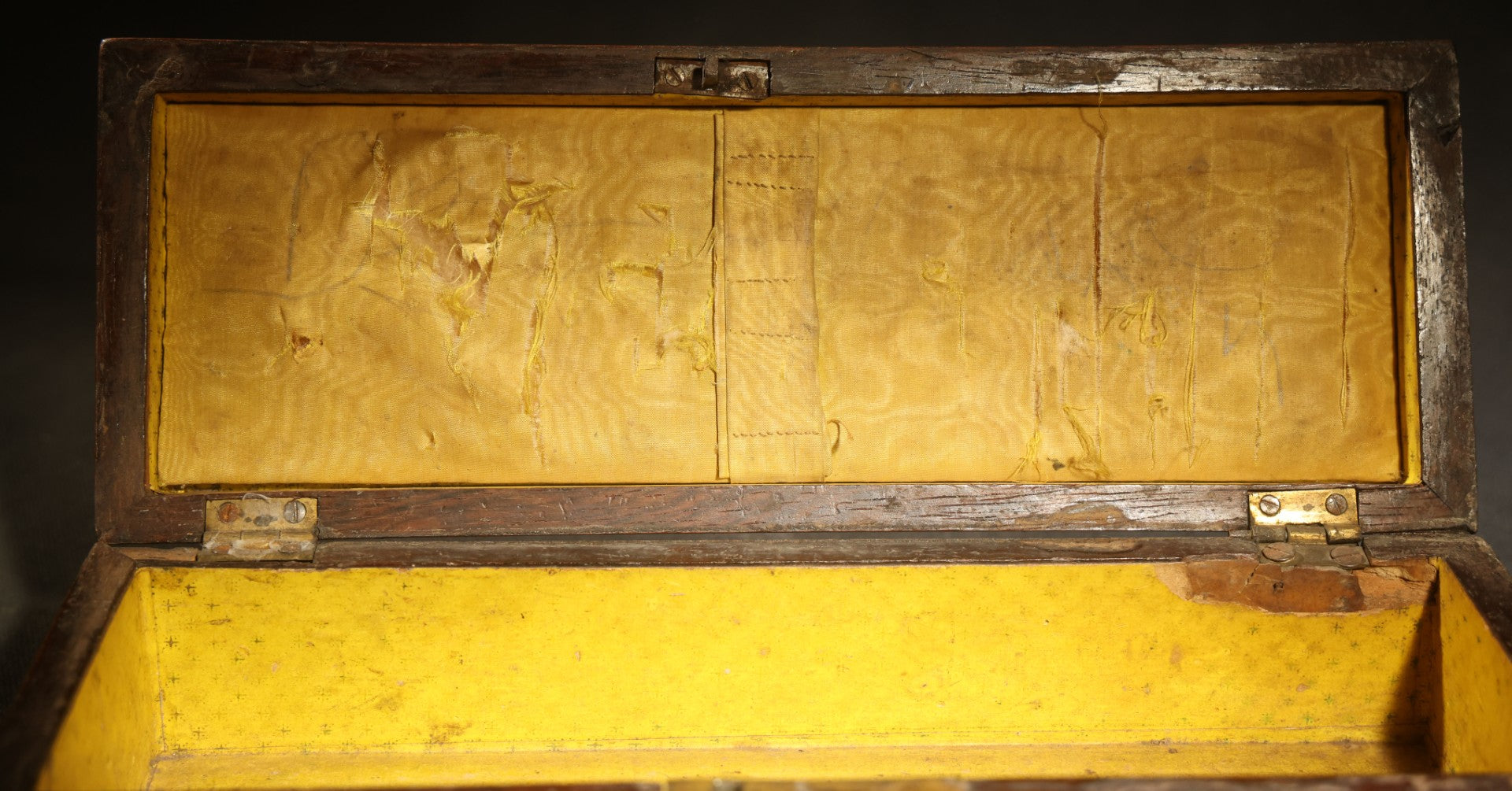 Antique Two-Tone Parquetry Wood Box with Bone Keyhole Escutcheon and Yellow Fabric Interior