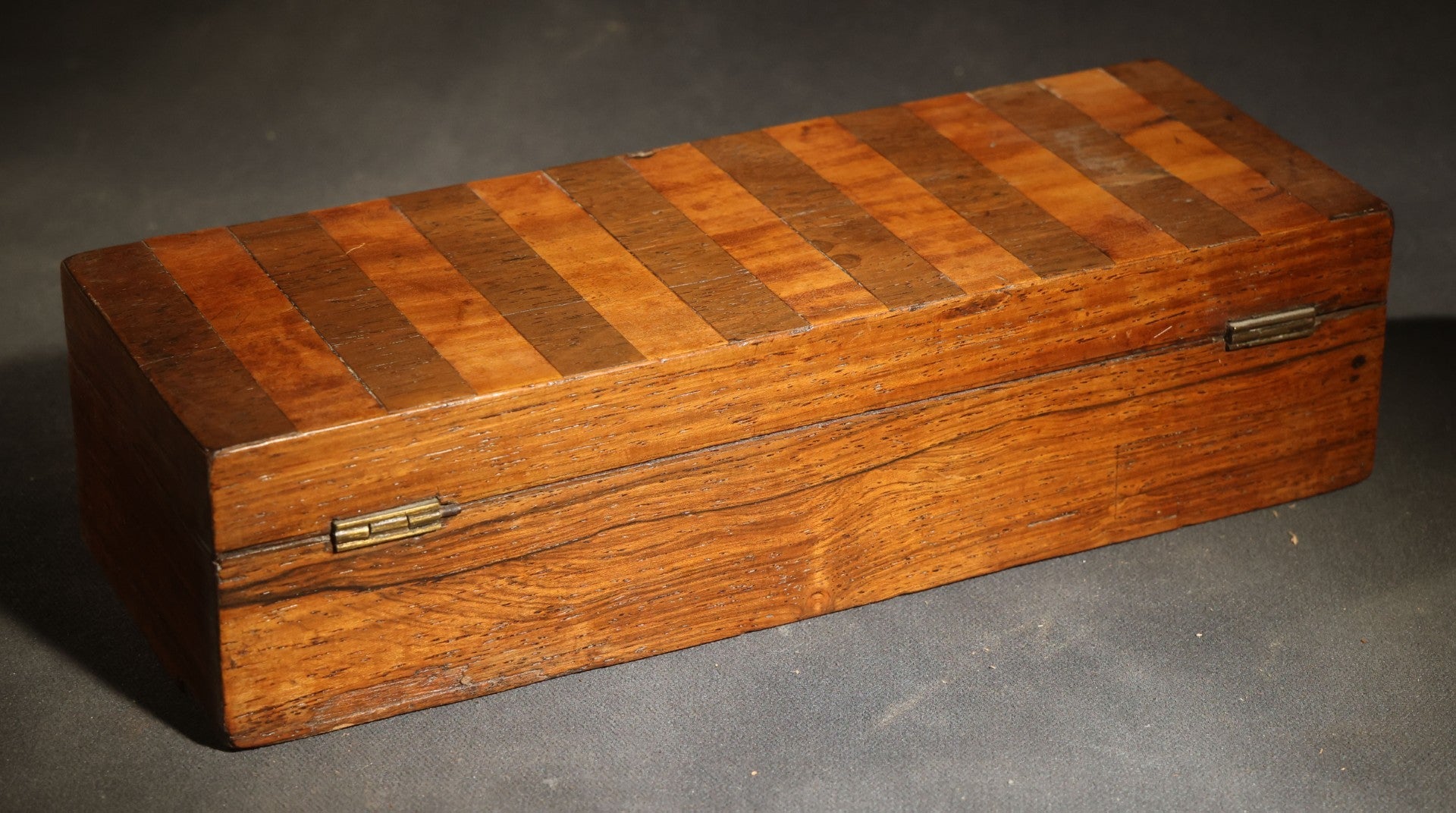 Antique Two-Tone Parquetry Wood Box with Bone Keyhole Escutcheon and Yellow Fabric Interior