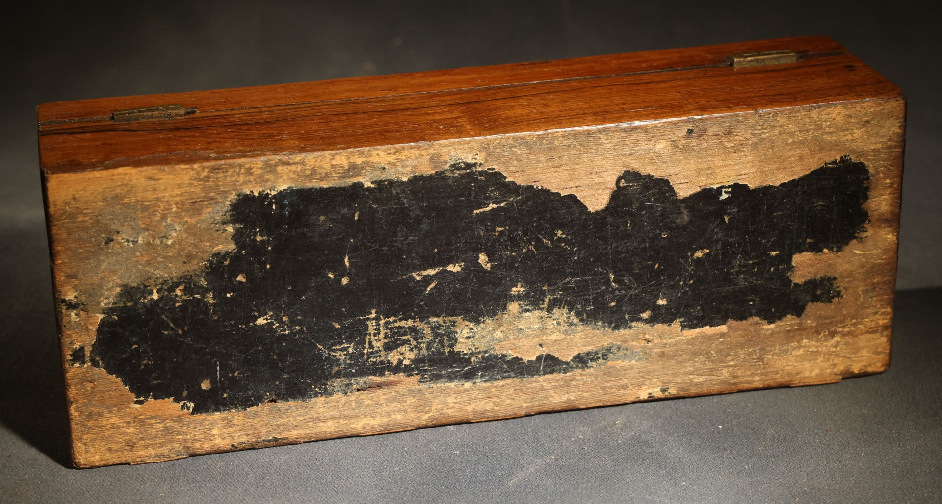 Antique Two-Tone Parquetry Wood Box with Bone Keyhole Escutcheon and Yellow Fabric Interior