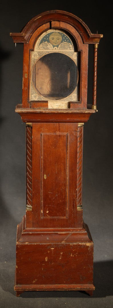 Antique Tall Case Clock-Form Pocket Watch Holder with Moon Phase Dial Face and Partial Maker's Label, Note Poor Condition