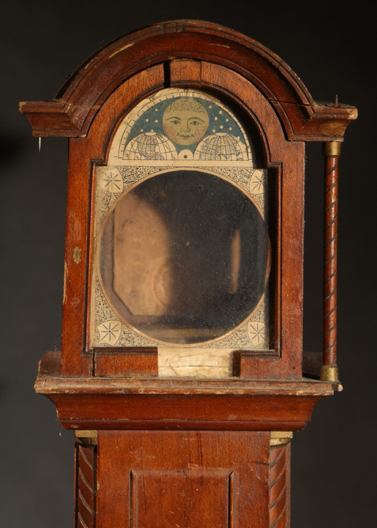 Antique Tall Case Clock-Form Pocket Watch Holder with Moon Phase Dial Face and Partial Maker's Label, Note Poor Condition