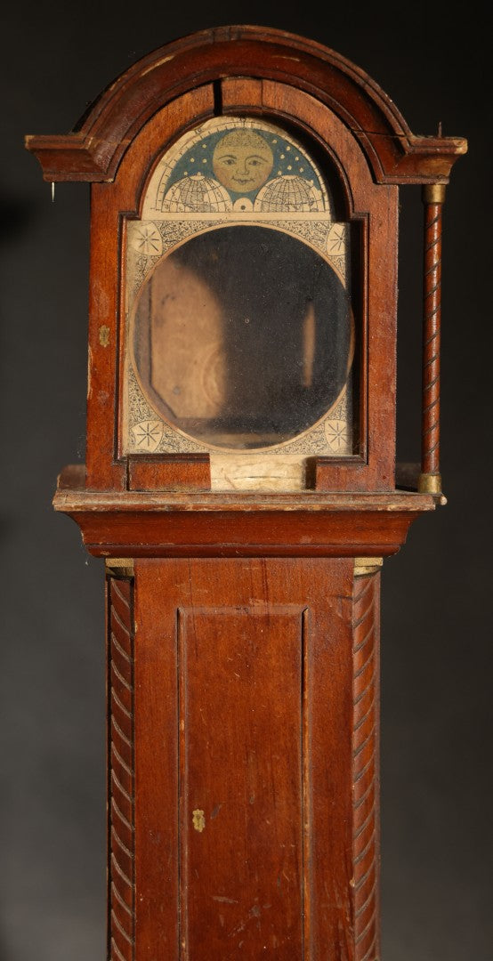 Antique Tall Case Clock-Form Pocket Watch Holder with Moon Phase Dial Face and Partial Maker's Label, Note Poor Condition