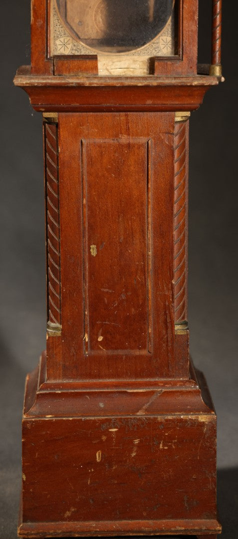 Antique Tall Case Clock-Form Pocket Watch Holder with Moon Phase Dial Face and Partial Maker's Label, Note Poor Condition
