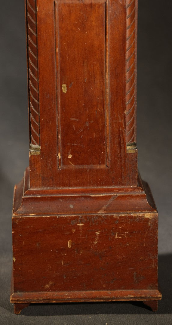 Antique Tall Case Clock-Form Pocket Watch Holder with Moon Phase Dial Face and Partial Maker's Label, Note Poor Condition