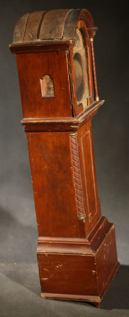 Antique Tall Case Clock-Form Pocket Watch Holder with Moon Phase Dial Face and Partial Maker's Label, Note Poor Condition