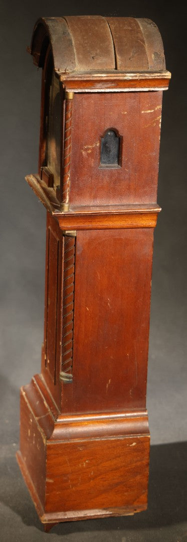 Antique Tall Case Clock-Form Pocket Watch Holder with Moon Phase Dial Face and Partial Maker's Label, Note Poor Condition