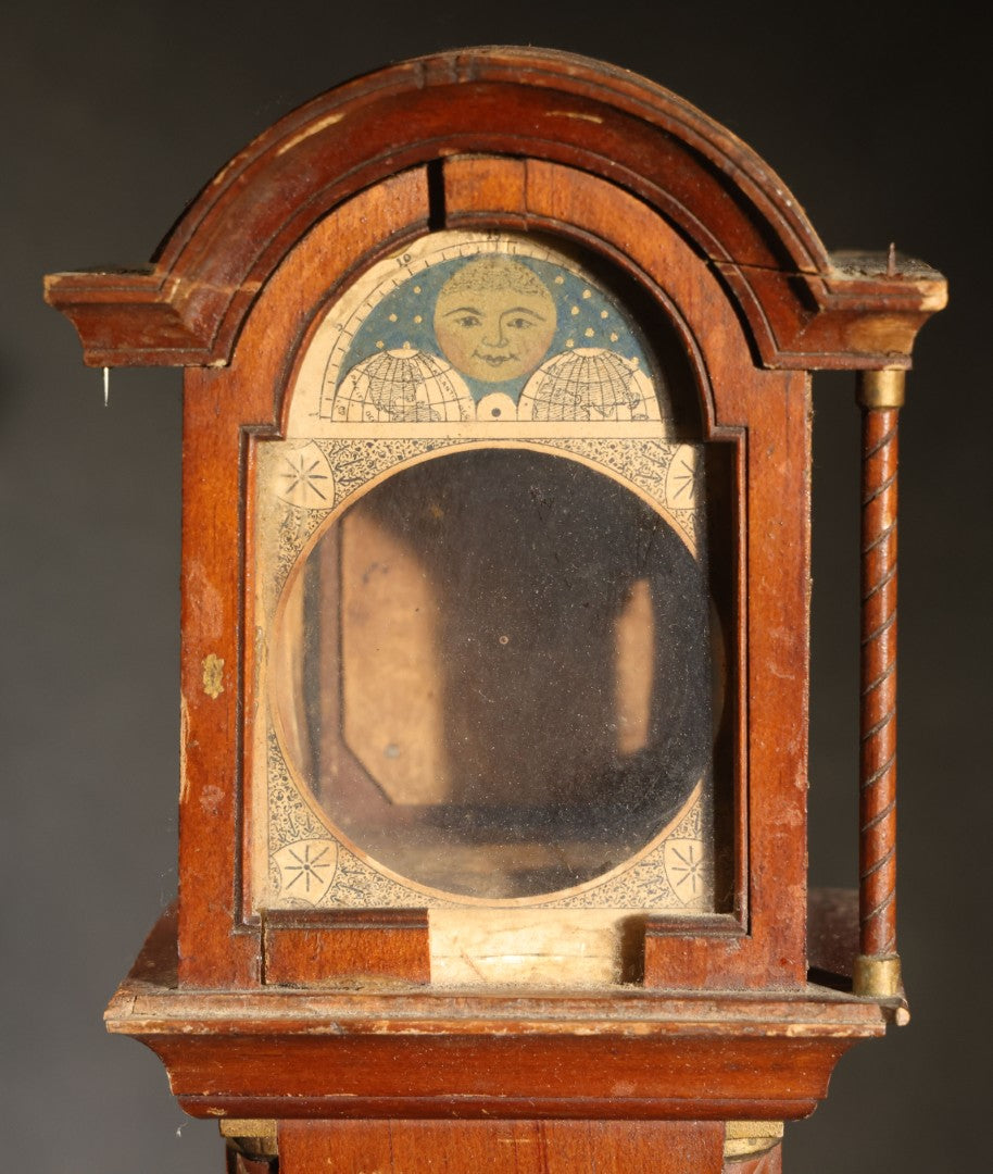 Antique Tall Case Clock-Form Pocket Watch Holder with Moon Phase Dial Face and Partial Maker's Label, Note Poor Condition