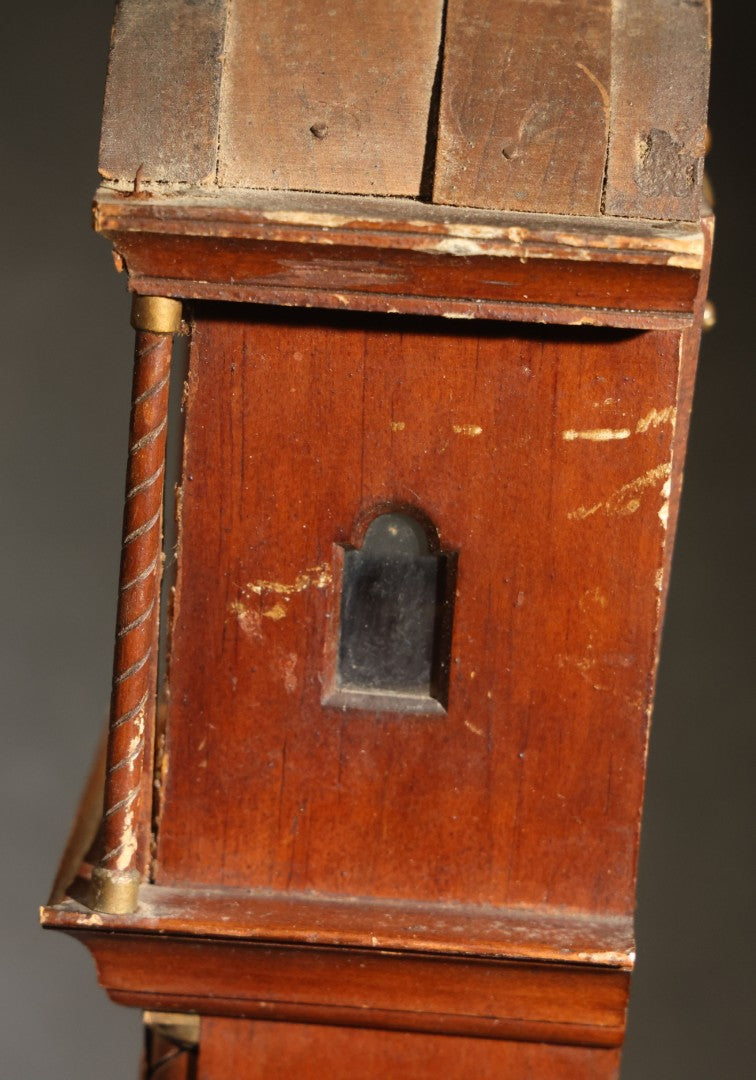Antique Tall Case Clock-Form Pocket Watch Holder with Moon Phase Dial Face and Partial Maker's Label, Note Poor Condition