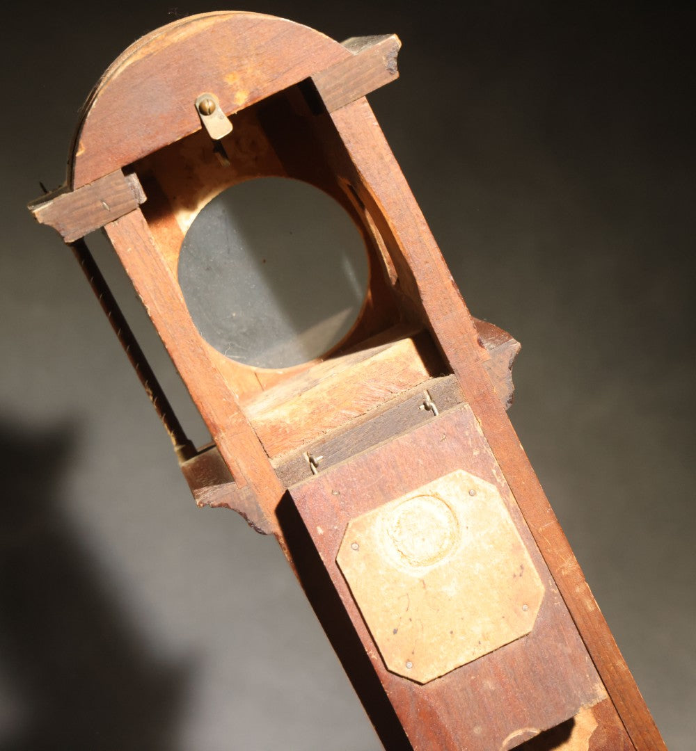 Antique Tall Case Clock-Form Pocket Watch Holder with Moon Phase Dial Face and Partial Maker's Label, Note Poor Condition