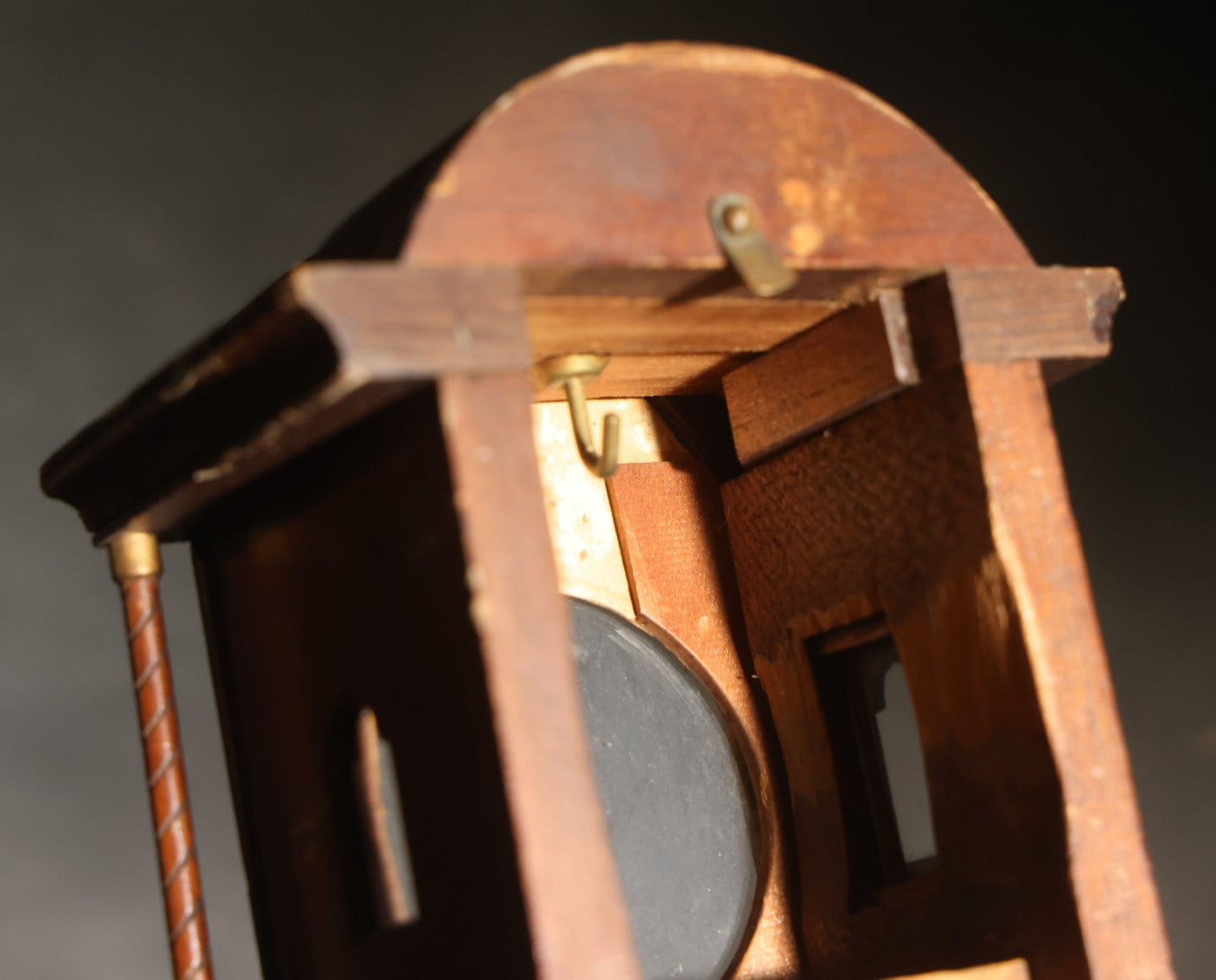 Antique Tall Case Clock-Form Pocket Watch Holder with Moon Phase Dial Face and Partial Maker's Label, Note Poor Condition