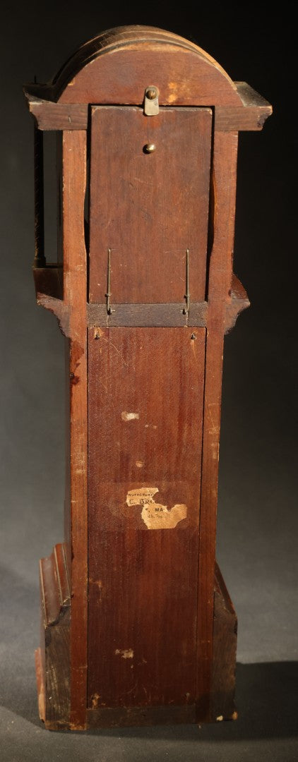 Antique Tall Case Clock-Form Pocket Watch Holder with Moon Phase Dial Face and Partial Maker's Label, Note Poor Condition