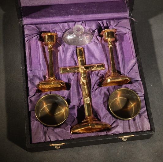 Vintage Portable Catholic Travel Mass Kit with Gilt Crucifix, Candlesticks, Bowls, and Glass Holy Water Bottle in Black Case with Purple Silk Lining