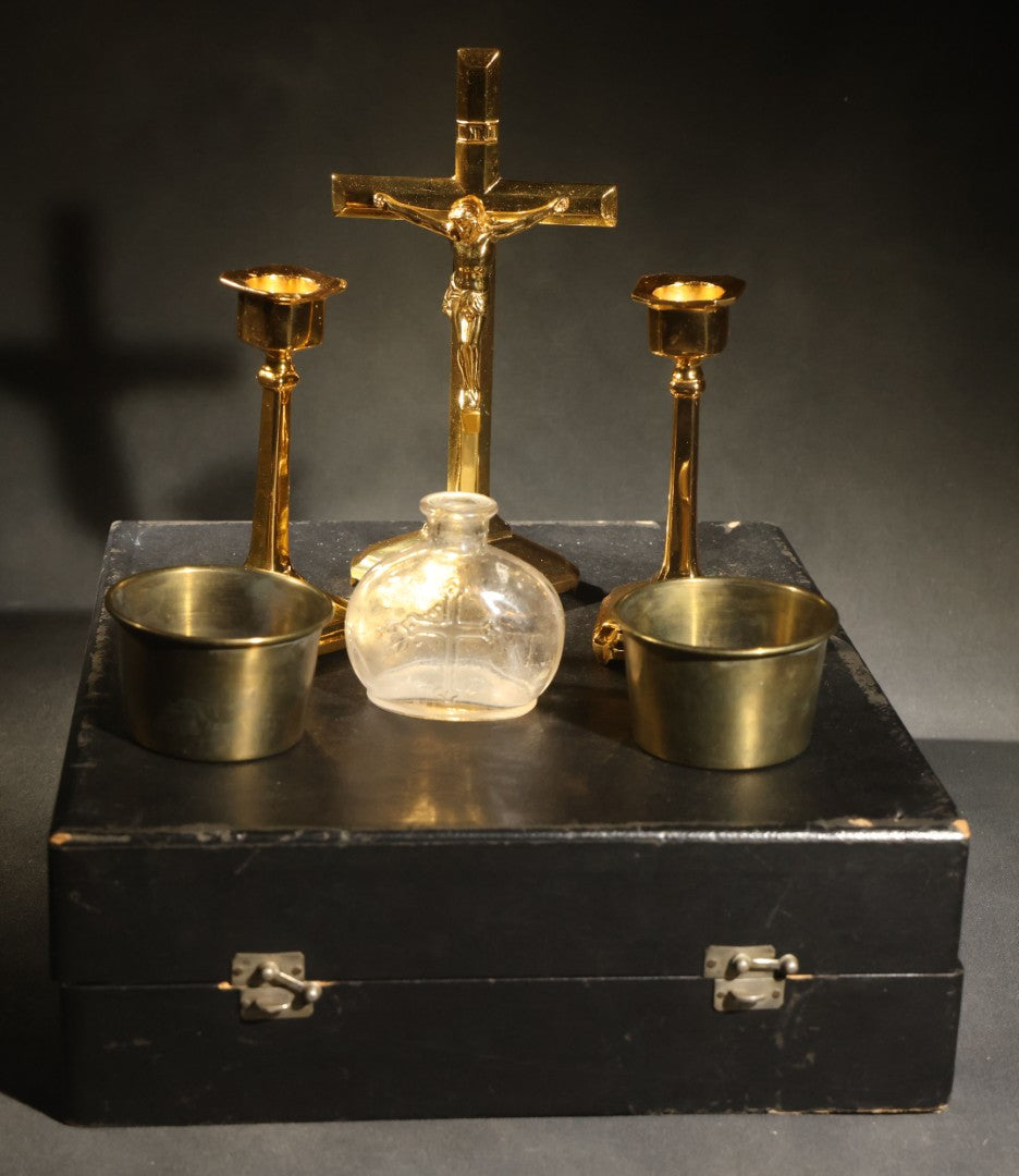 Vintage Portable Catholic Travel Mass Kit with Gilt Crucifix, Candlesticks, Bowls, and Glass Holy Water Bottle in Black Case with Purple Silk Lining