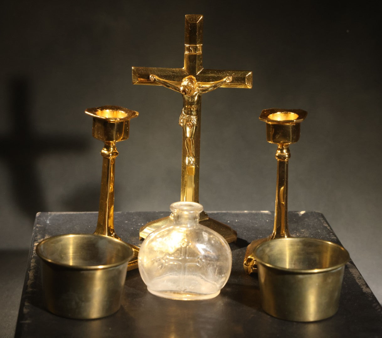 Vintage Portable Catholic Travel Mass Kit with Gilt Crucifix, Candlesticks, Bowls, and Glass Holy Water Bottle in Black Case with Purple Silk Lining