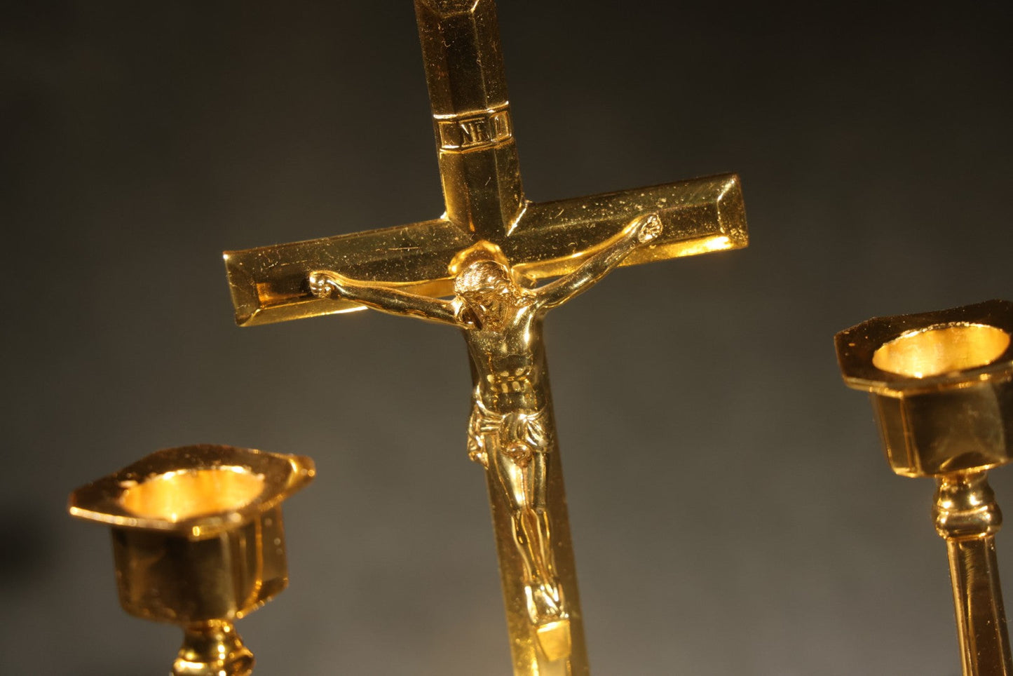 Vintage Portable Catholic Travel Mass Kit with Gilt Crucifix, Candlesticks, Bowls, and Glass Holy Water Bottle in Black Case with Purple Silk Lining