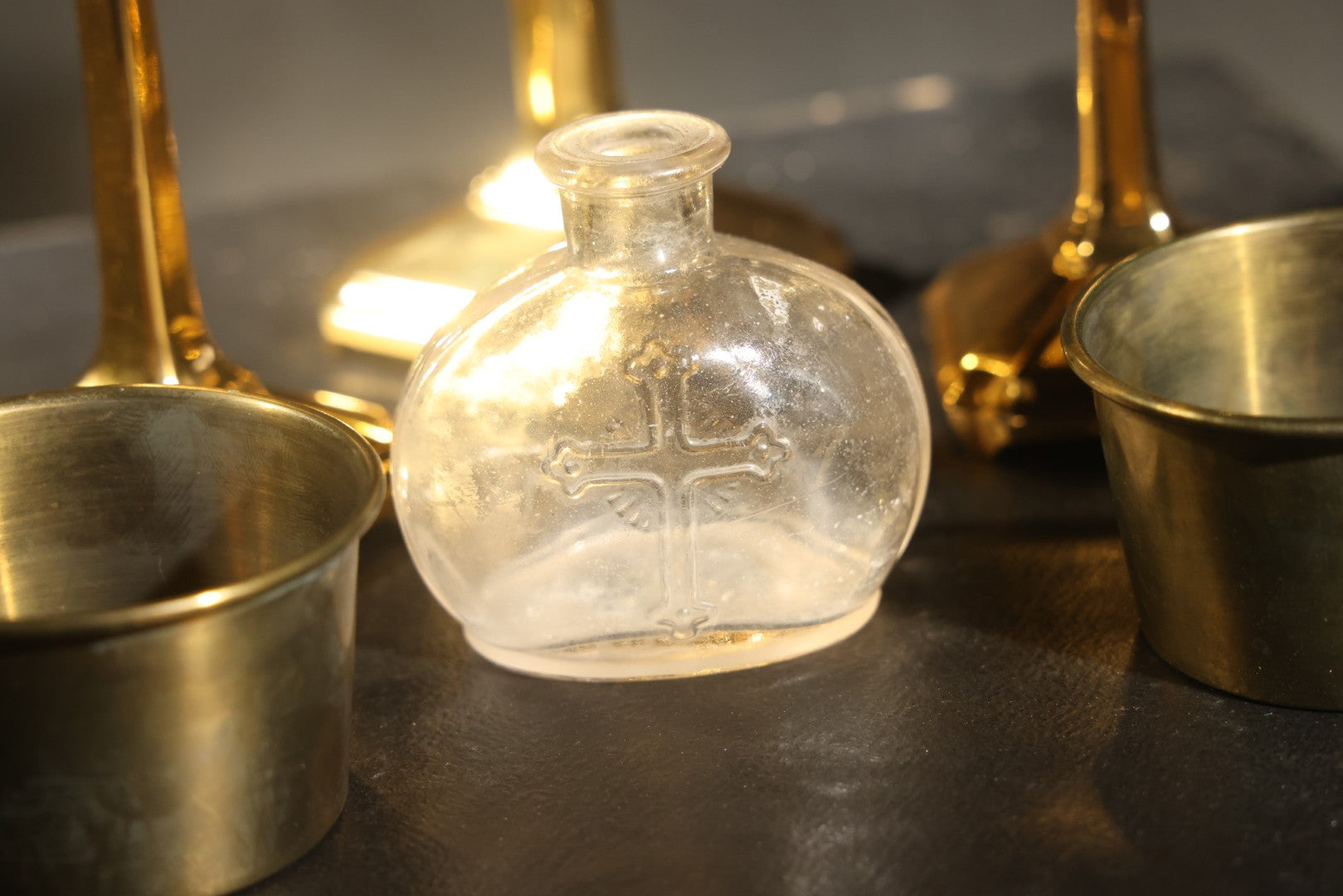 Vintage Portable Catholic Travel Mass Kit with Gilt Crucifix, Candlesticks, Bowls, and Glass Holy Water Bottle in Black Case with Purple Silk Lining