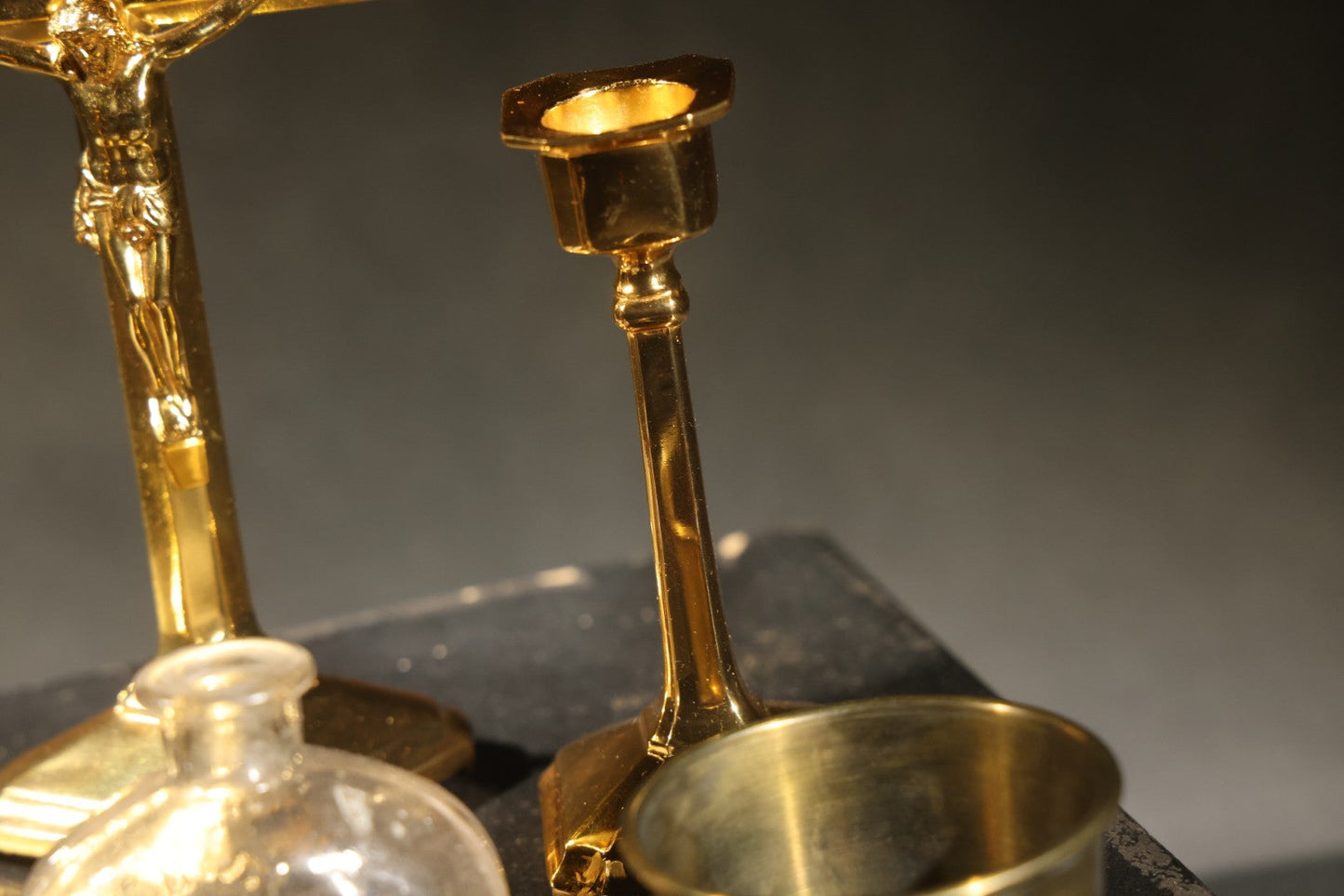 Vintage Portable Catholic Travel Mass Kit with Gilt Crucifix, Candlesticks, Bowls, and Glass Holy Water Bottle in Black Case with Purple Silk Lining