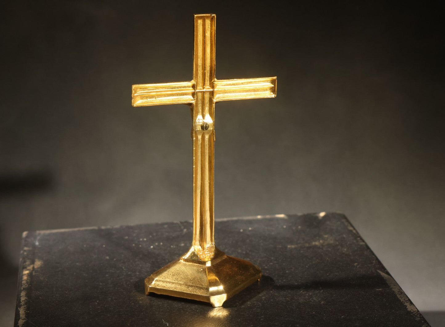 Vintage Portable Catholic Travel Mass Kit with Gilt Crucifix, Candlesticks, Bowls, and Glass Holy Water Bottle in Black Case with Purple Silk Lining